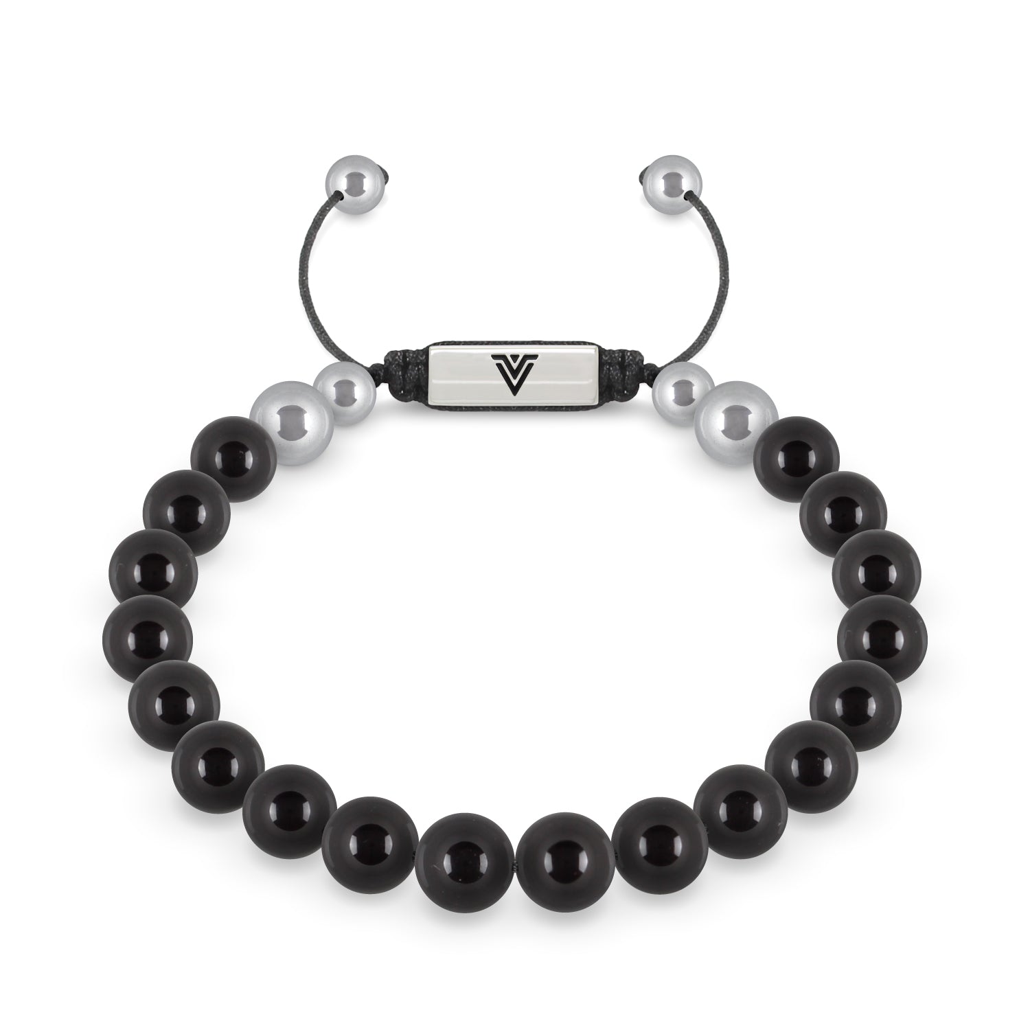 Front view of an 8mm Smooth Onyx beaded shamballa bracelet with silver stainless steel logo bead made by Voltlin