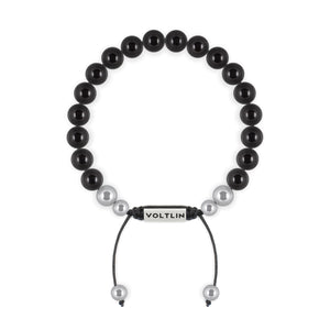 Top view of an 8mm Smooth Onyx beaded shamballa bracelet with silver stainless steel logo bead made by Voltlin