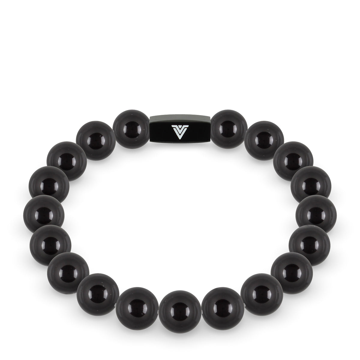 Front view of a 10mm Smooth Onyx crystal beaded stretch bracelet with black stainless steel logo bead made by Voltlin