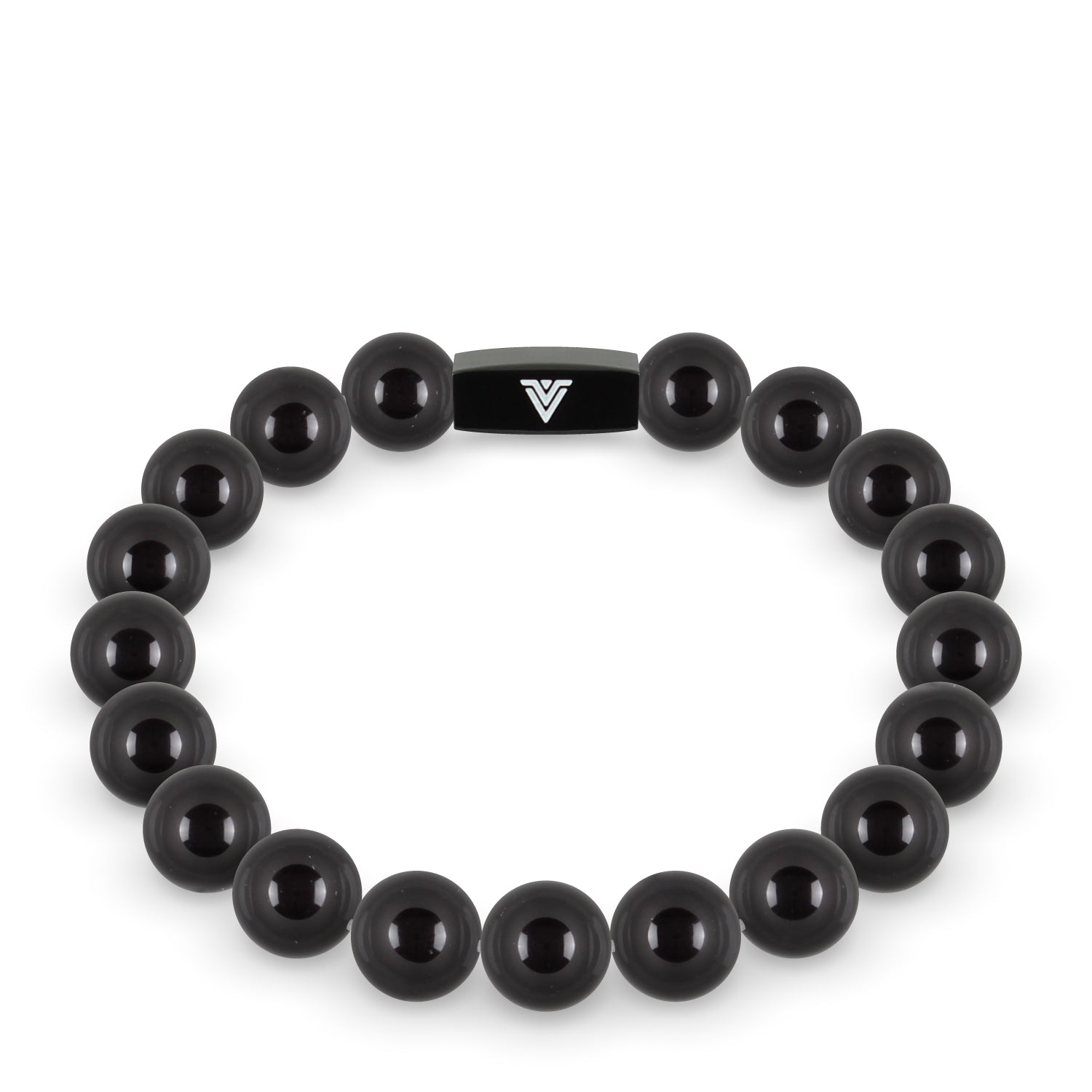 Front view of a 10mm Smooth Onyx crystal beaded stretch bracelet with black stainless steel logo bead made by Voltlin