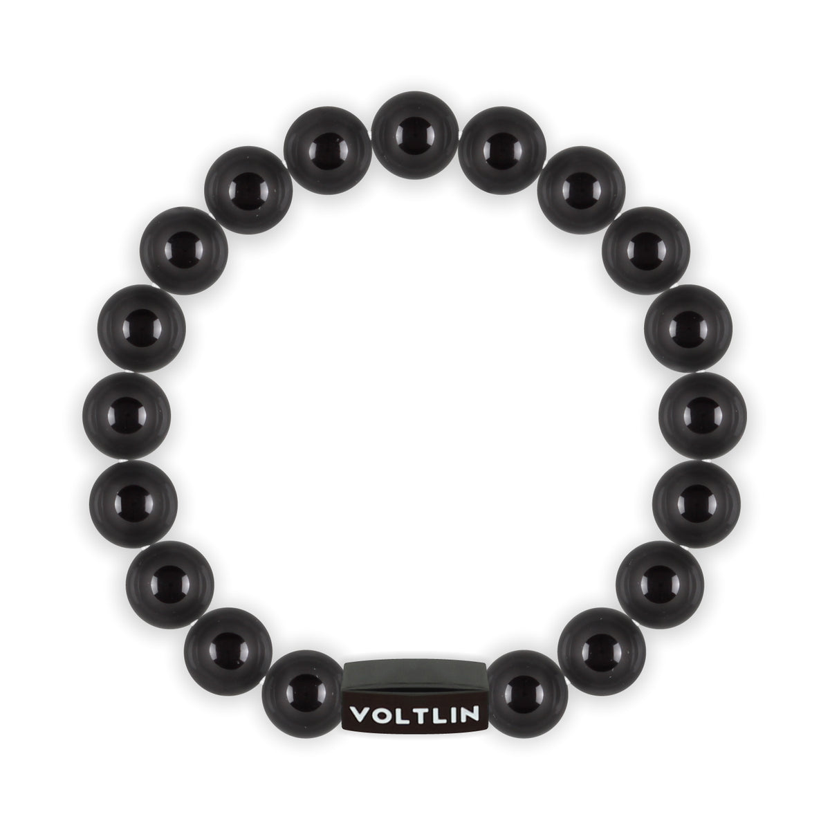 Top view of a 10mm Smooth Onyx crystal beaded stretch bracelet with black stainless steel logo bead made by Voltlin