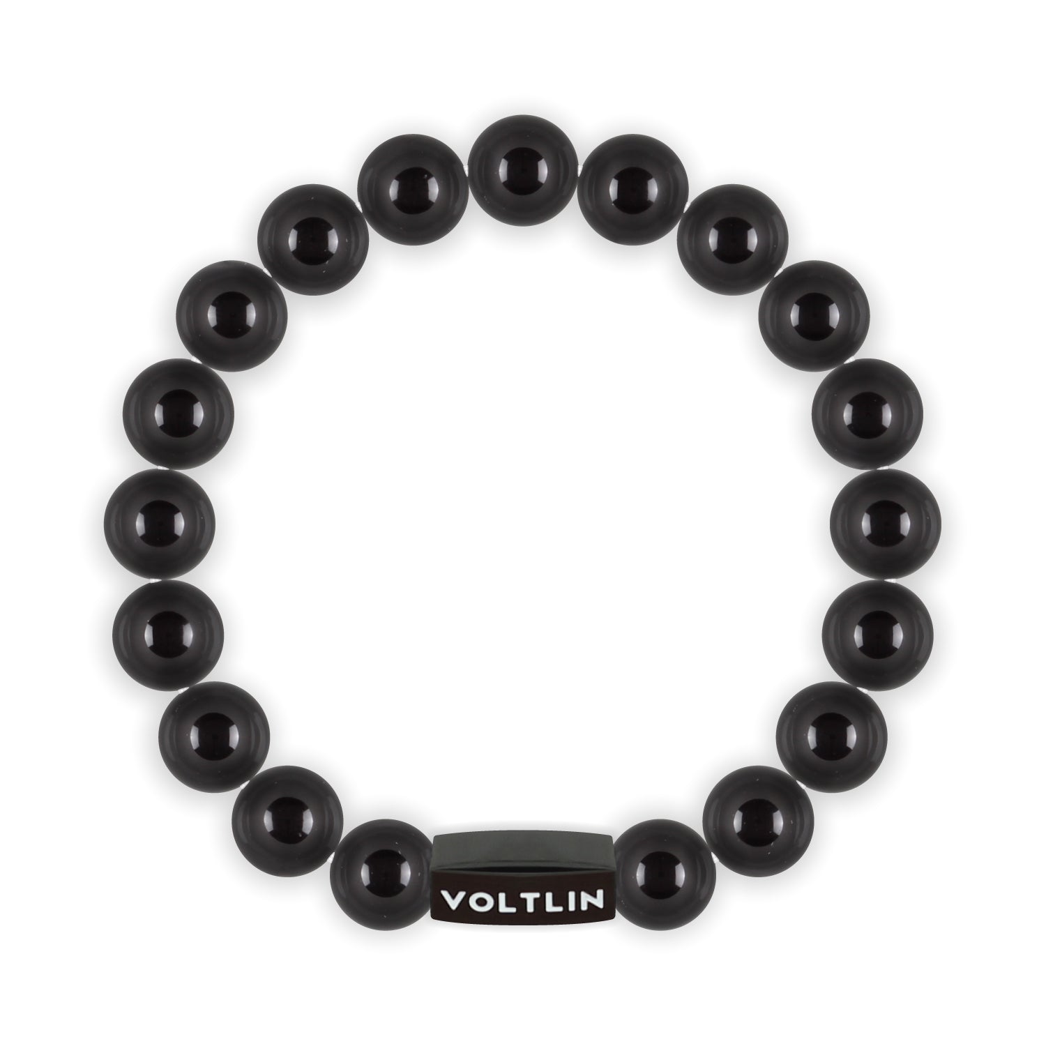 Top view of a 10mm Smooth Onyx crystal beaded stretch bracelet with black stainless steel logo bead made by Voltlin