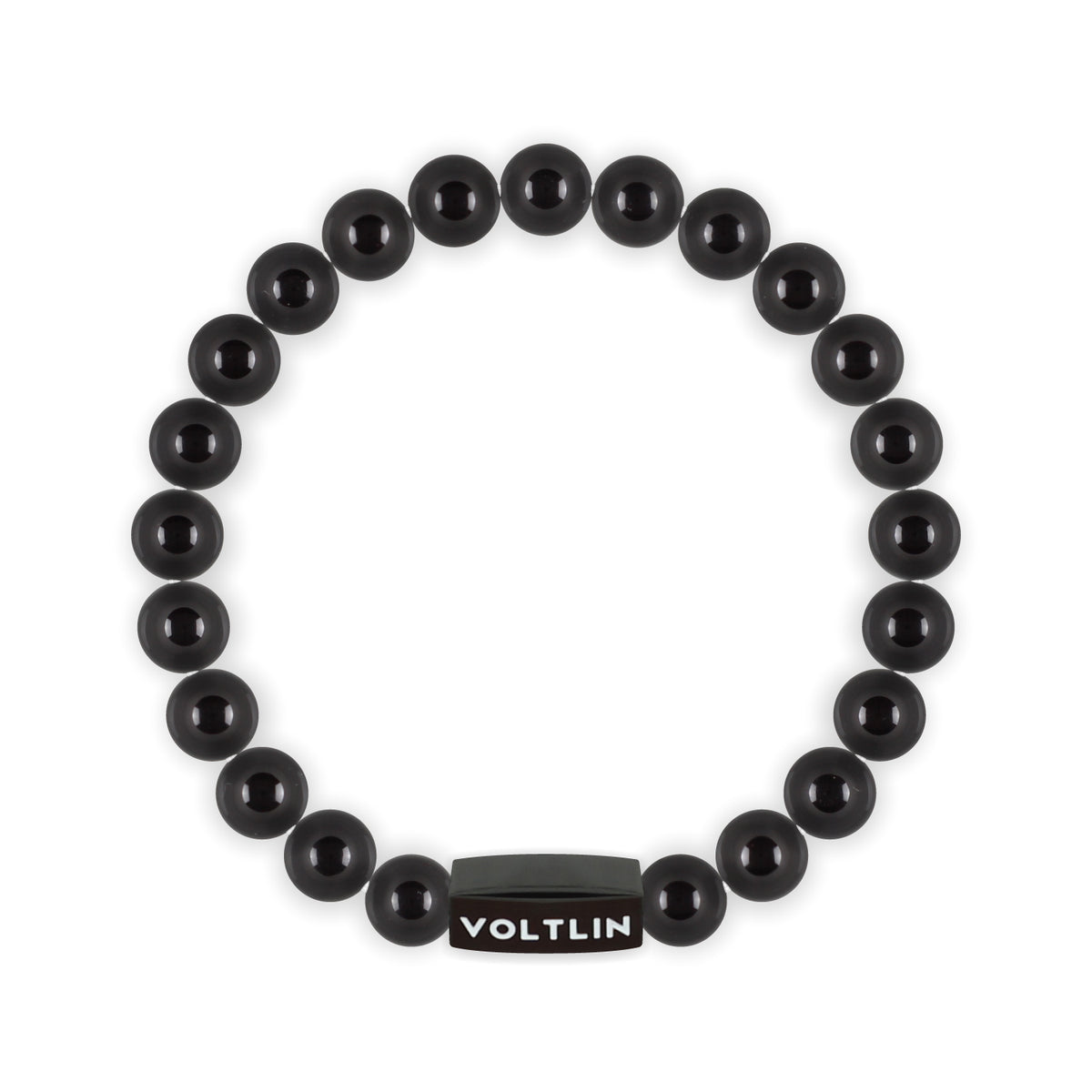 Top view of an 8mm Smooth Onyx crystal beaded stretch bracelet with black stainless steel logo bead made by Voltlin
