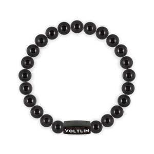 Top view of an 8mm Smooth Onyx crystal beaded stretch bracelet with black stainless steel logo bead made by Voltlin