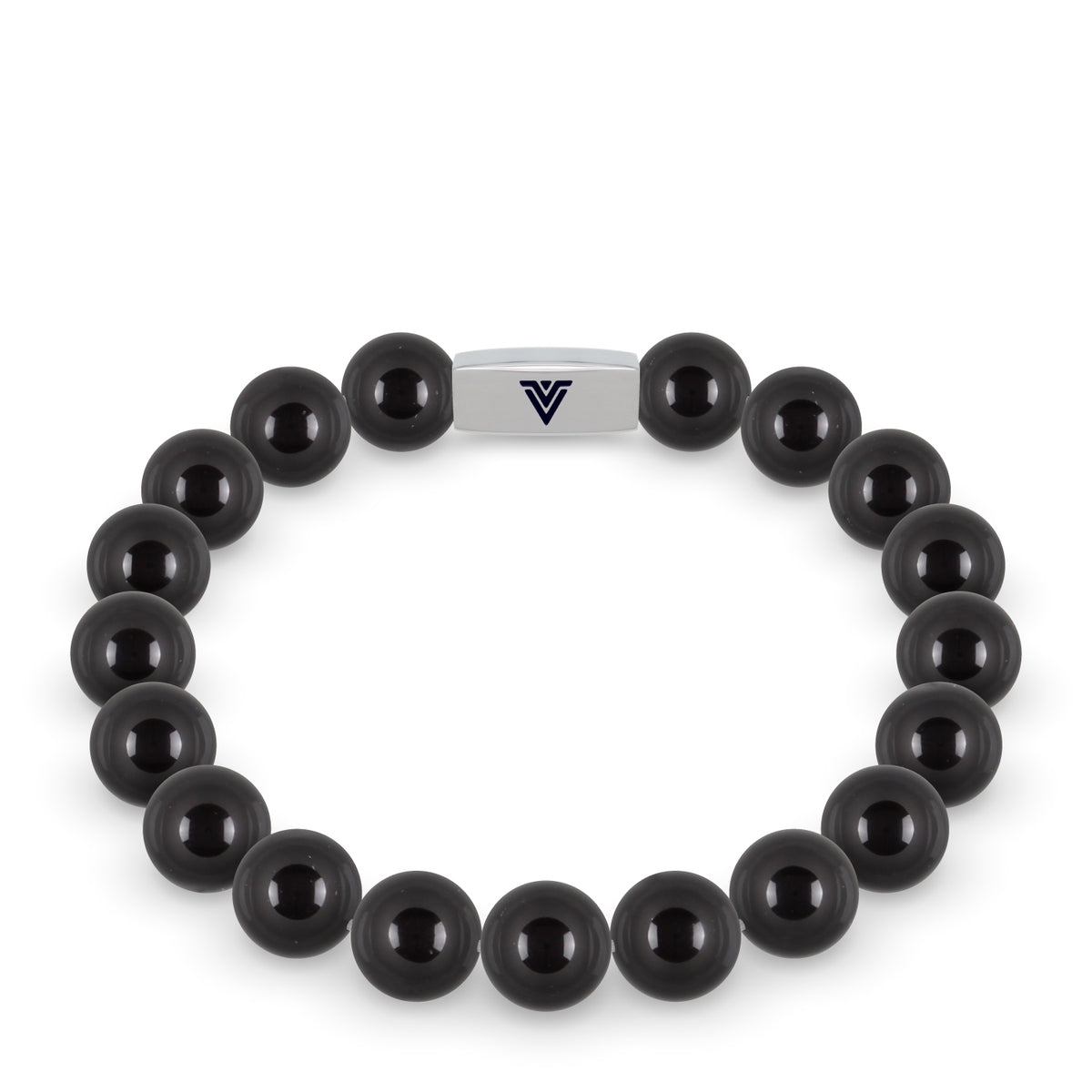 Front view of a 10mm Smooth Onyx beaded stretch bracelet with silver stainless steel logo bead made by Voltlin