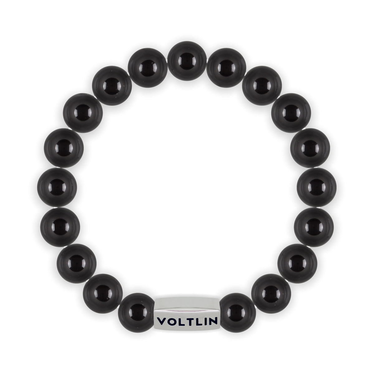 Top view of a 10mm Smooth Onyx beaded stretch bracelet with silver stainless steel logo bead made by Voltlin