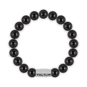 Top view of a 10mm Smooth Onyx beaded stretch bracelet with silver stainless steel logo bead made by Voltlin