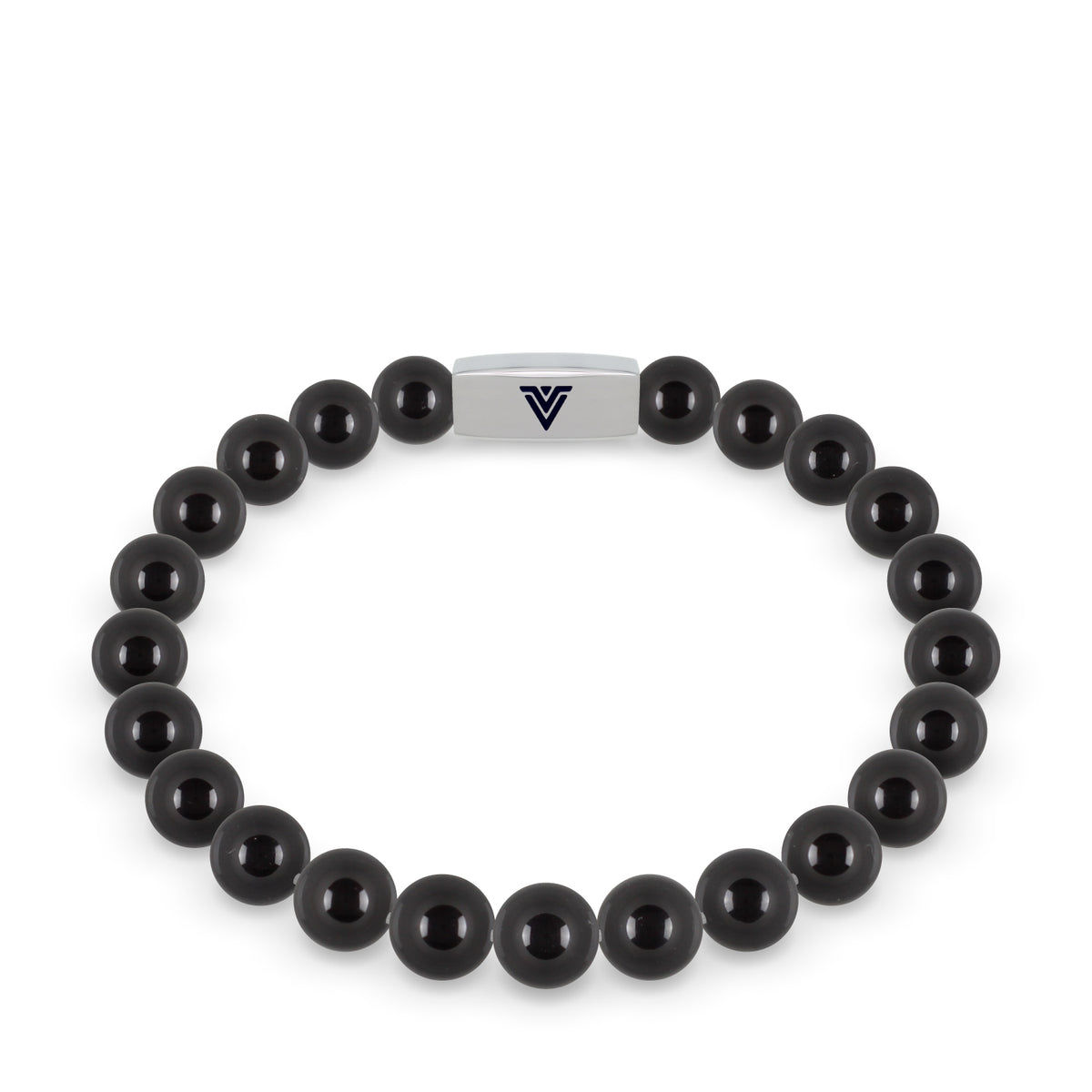 Front view of an 8mm Smooth Onyx beaded stretch bracelet with silver stainless steel logo bead made by Voltlin