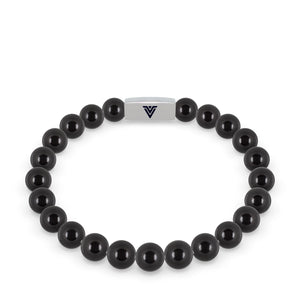 Front view of an 8mm Smooth Onyx beaded stretch bracelet with silver stainless steel logo bead made by Voltlin