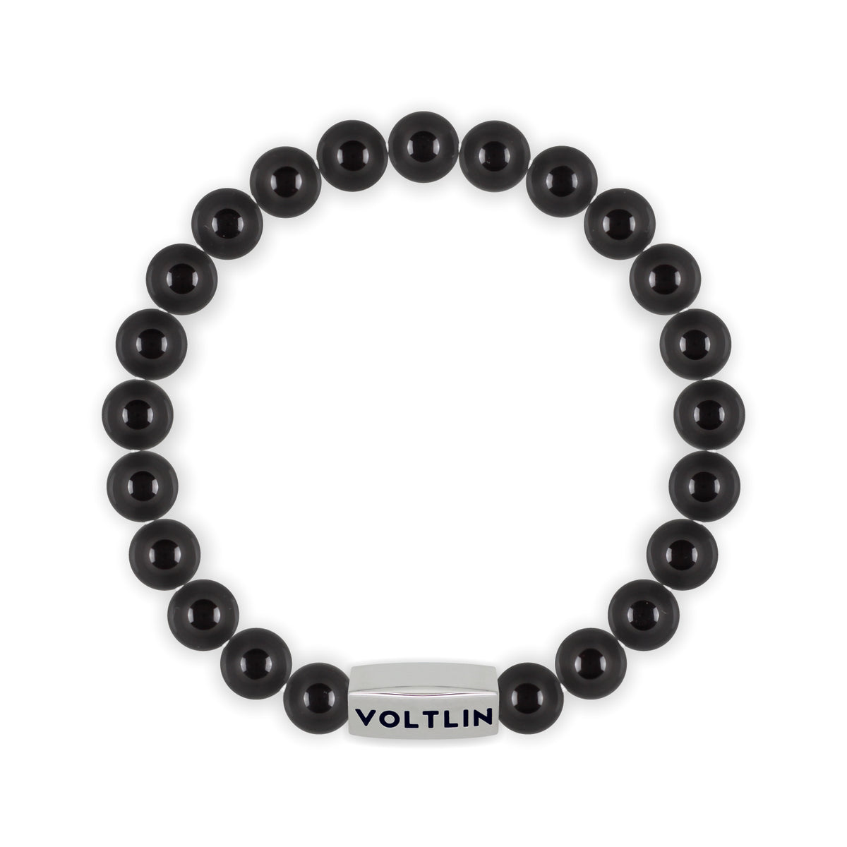 Top view of an 8mm Smooth Onyx beaded stretch bracelet with silver stainless steel logo bead made by Voltlin