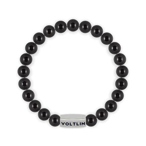 Top view of an 8mm Smooth Onyx beaded stretch bracelet with silver stainless steel logo bead made by Voltlin