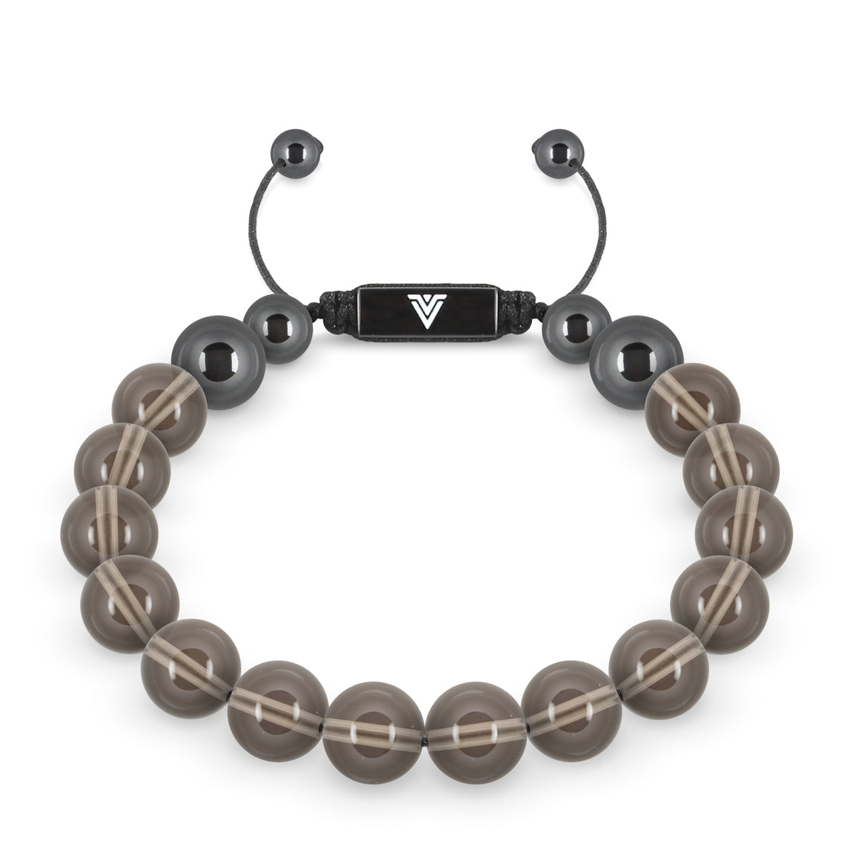 Front view of a 10mm Smooth Smoky Quartz crystal beaded shamballa bracelet with black stainless steel logo bead made by Voltlin