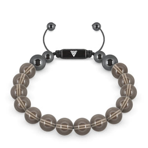 Front view of a 10mm Smooth Smoky Quartz crystal beaded shamballa bracelet with black stainless steel logo bead made by Voltlin