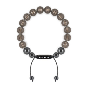 Top view of a 10mm Smooth Smoky Quartz crystal beaded shamballa bracelet with black stainless steel logo bead made by Voltlin