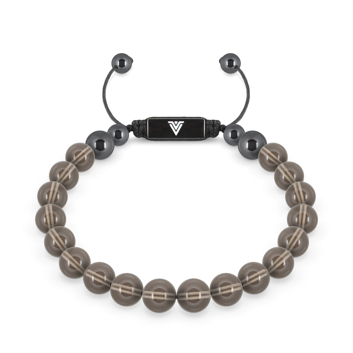 Front view of an 8mm Smooth Smoky Quartz crystal beaded shamballa bracelet with black stainless steel logo bead made by Voltlin