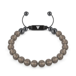 Front view of an 8mm Smooth Smoky Quartz crystal beaded shamballa bracelet with black stainless steel logo bead made by Voltlin