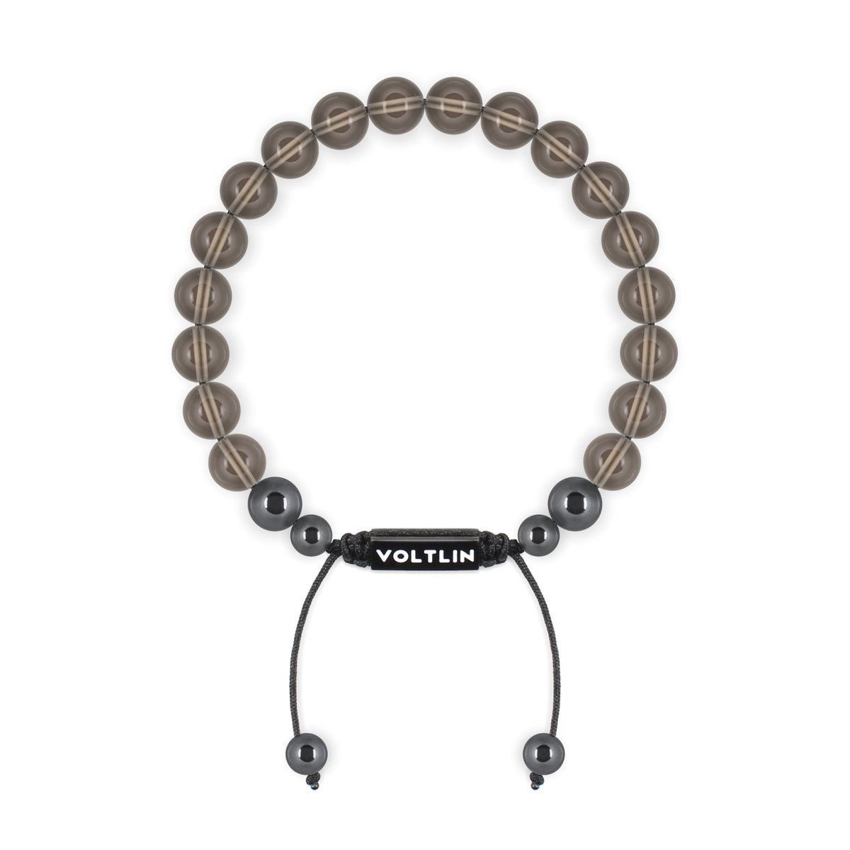 Top view of an 8mm Smooth Smoky Quartz crystal beaded shamballa bracelet with black stainless steel logo bead made by Voltlin