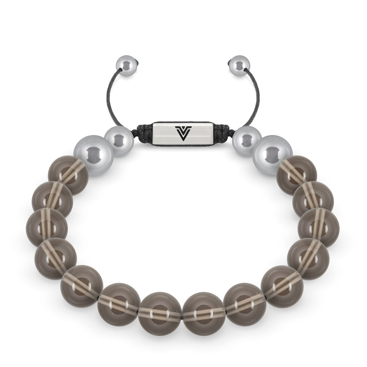 Front view of a 10mm Smooth Smoky Quartz beaded shamballa bracelet with silver stainless steel logo bead made by Voltlin