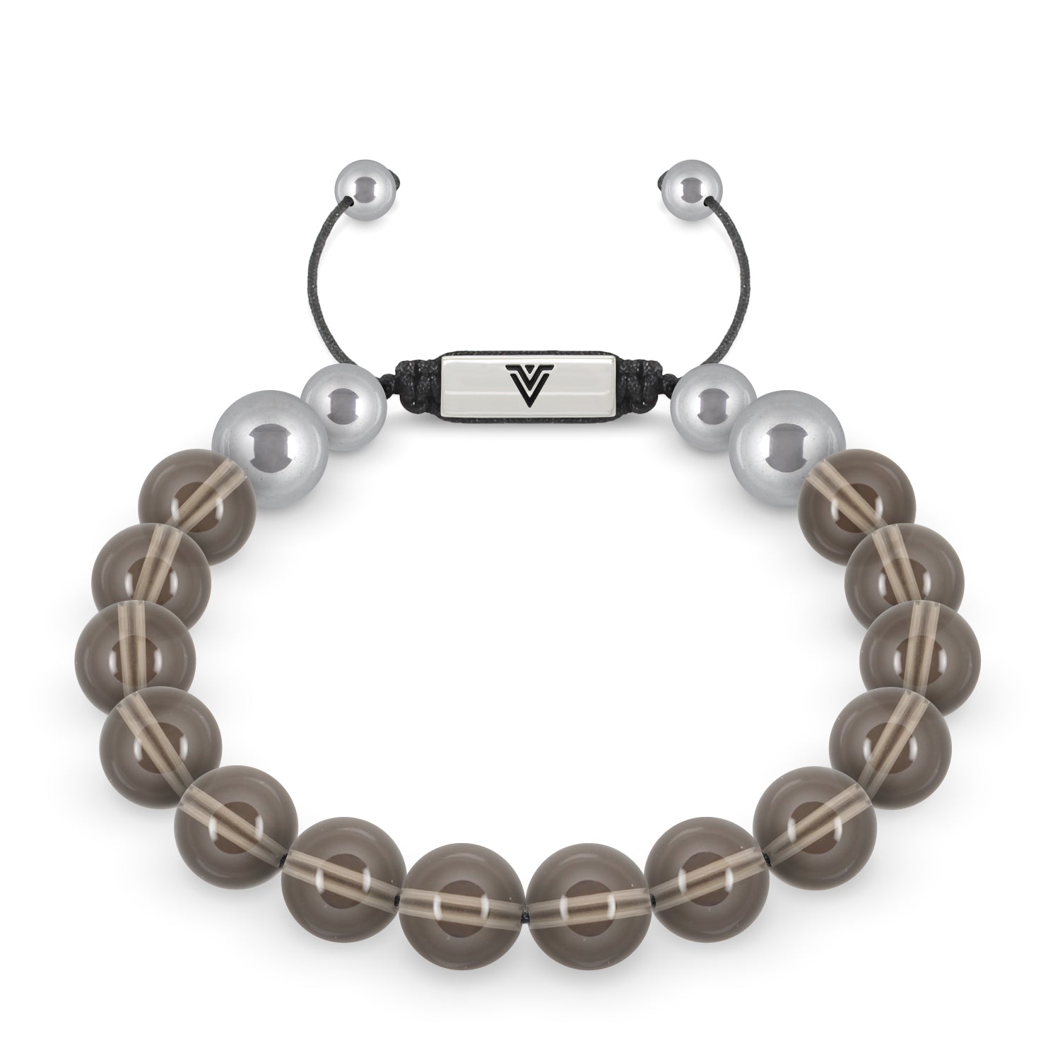 Front view of a 10mm Smooth Smoky Quartz beaded shamballa bracelet with silver stainless steel logo bead made by Voltlin