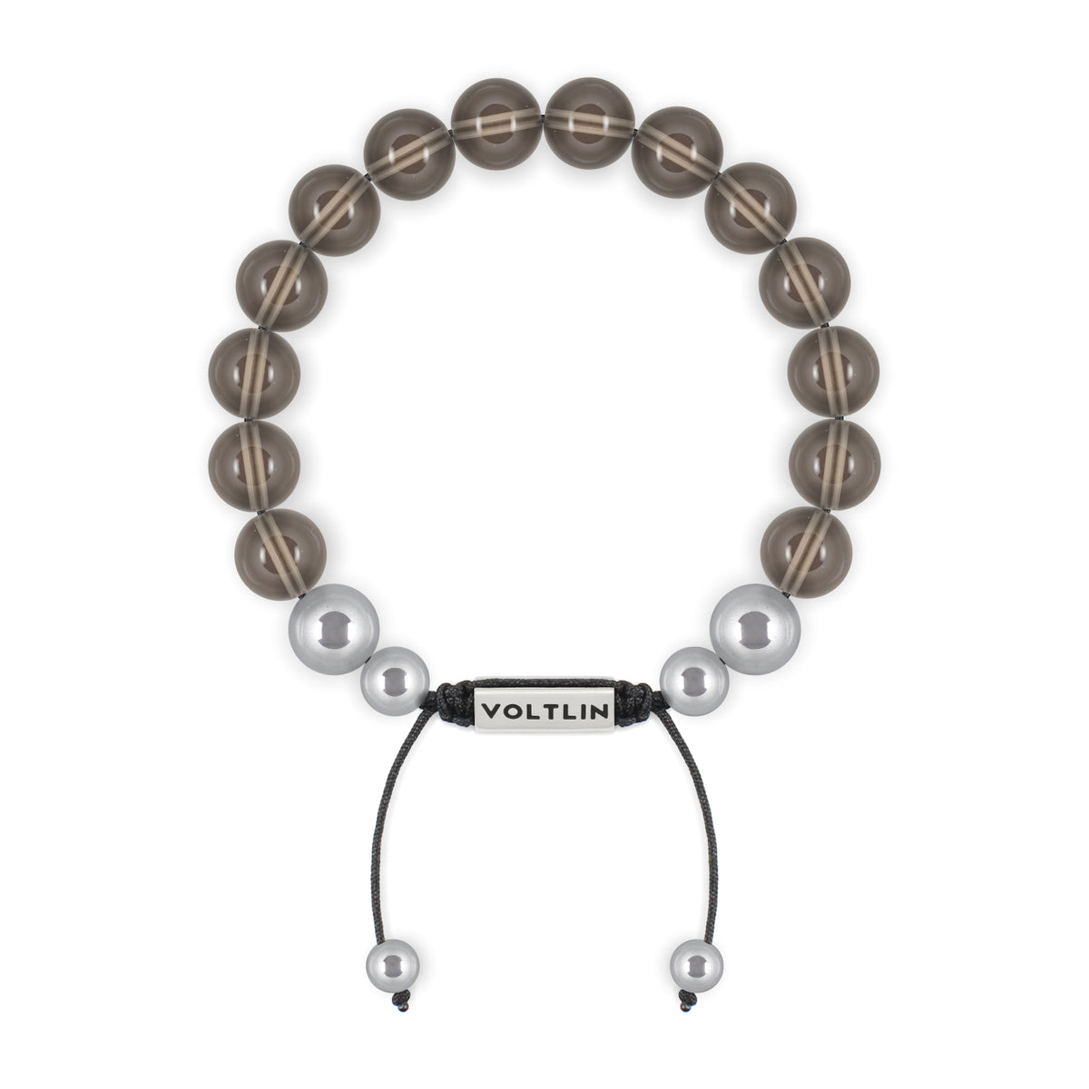 Top view of a 10mm Smooth Smoky Quartz beaded shamballa bracelet with silver stainless steel logo bead made by Voltlin
