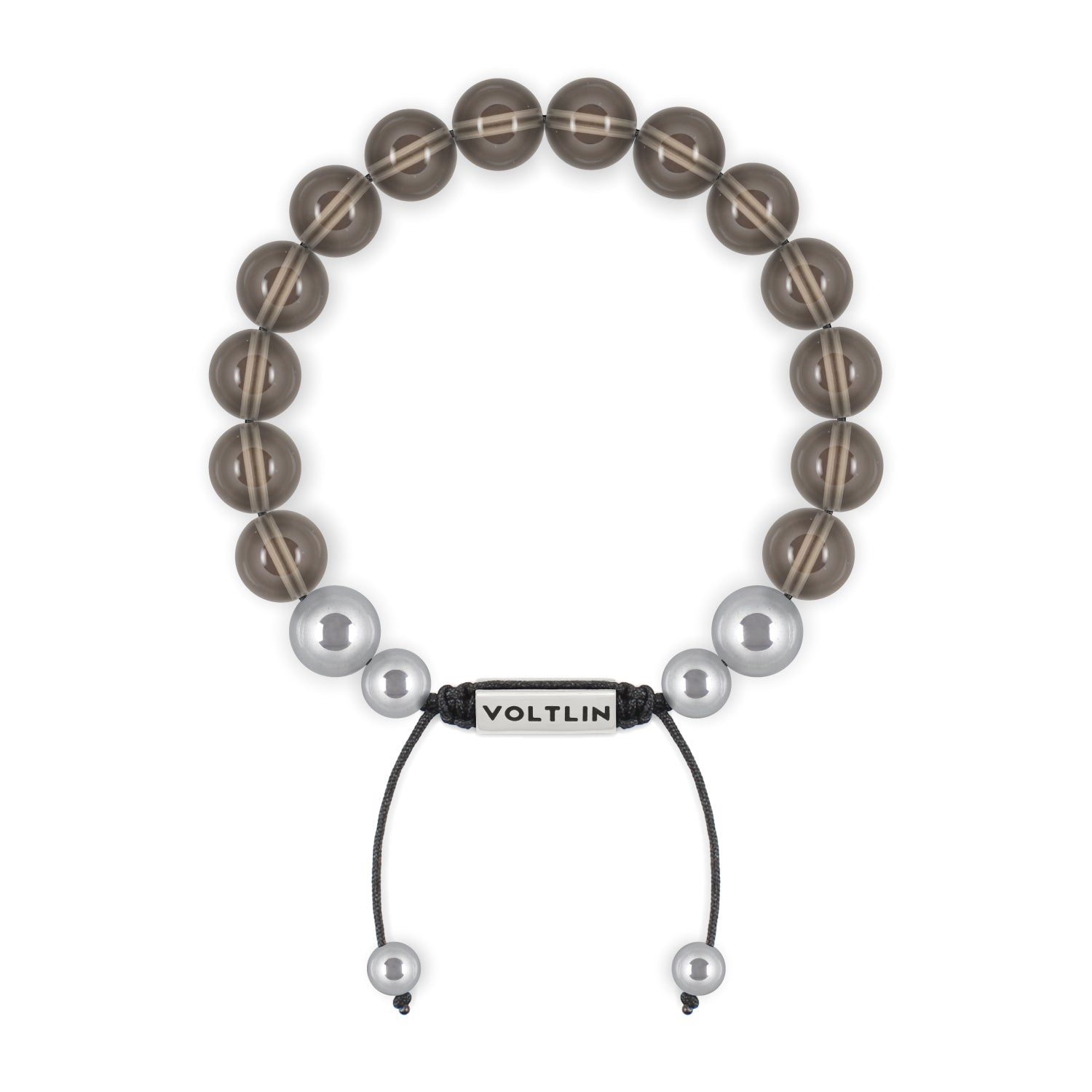 Top view of a 10mm Smooth Smoky Quartz beaded shamballa bracelet with silver stainless steel logo bead made by Voltlin