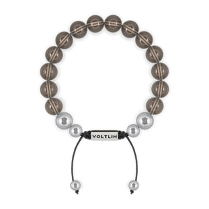 Top view of a 10mm Smooth Smoky Quartz beaded shamballa bracelet with silver stainless steel logo bead made by Voltlin