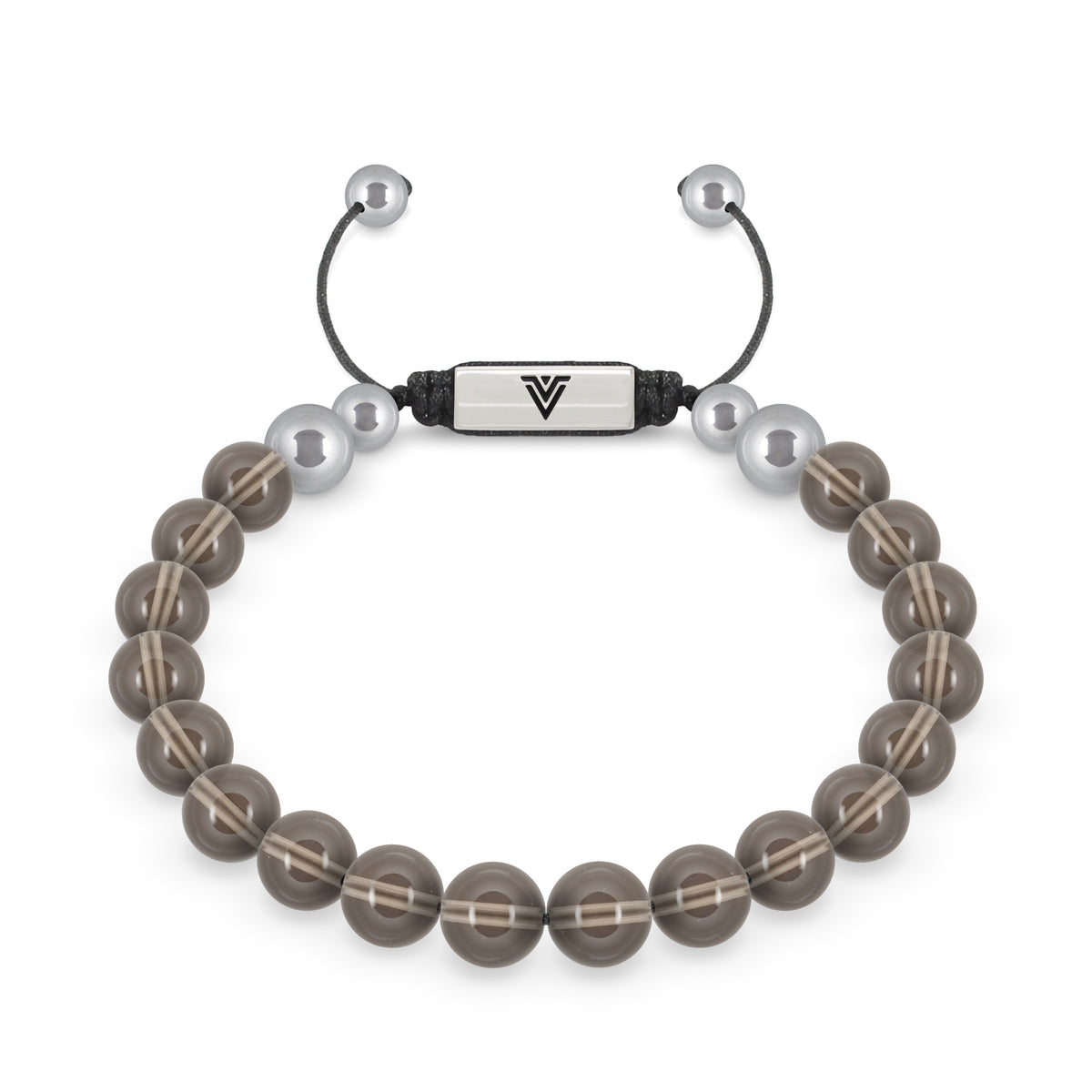 Front view of an 8mm Smooth Smoky Quartz beaded shamballa bracelet with silver stainless steel logo bead made by Voltlin