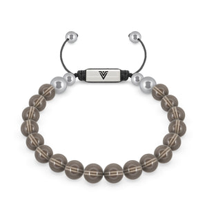 Front view of an 8mm Smooth Smoky Quartz beaded shamballa bracelet with silver stainless steel logo bead made by Voltlin