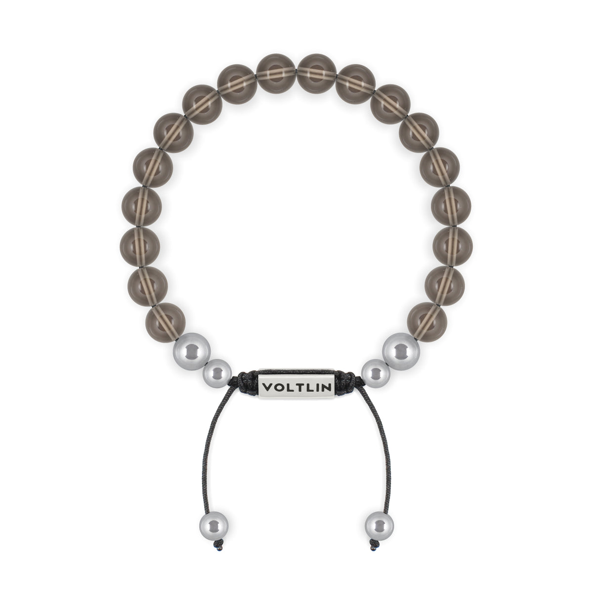 Top view of an 8mm Smooth Smoky Quartz beaded shamballa bracelet with silver stainless steel logo bead made by Voltlin