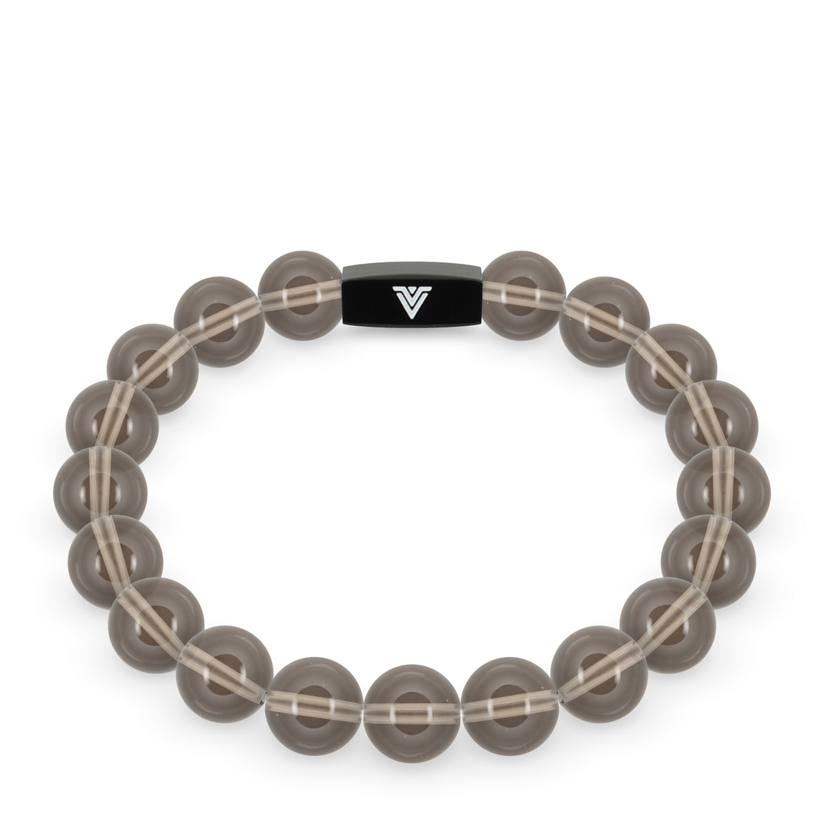 Front view of a 10mm Smooth Smoky Quartz crystal beaded stretch bracelet with black stainless steel logo bead made by Voltlin