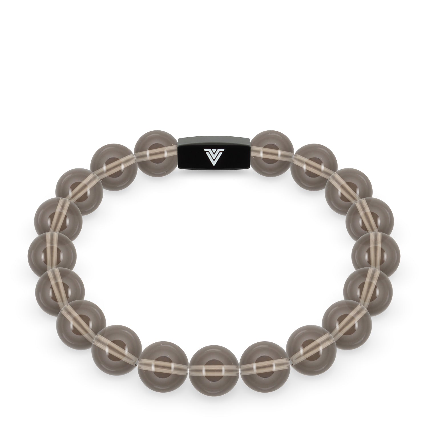 Front view of a 10mm Smooth Smoky Quartz crystal beaded stretch bracelet with black stainless steel logo bead made by Voltlin