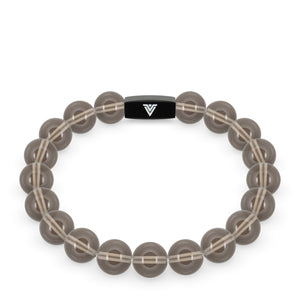 Front view of a 10mm Smooth Smoky Quartz crystal beaded stretch bracelet with black stainless steel logo bead made by Voltlin