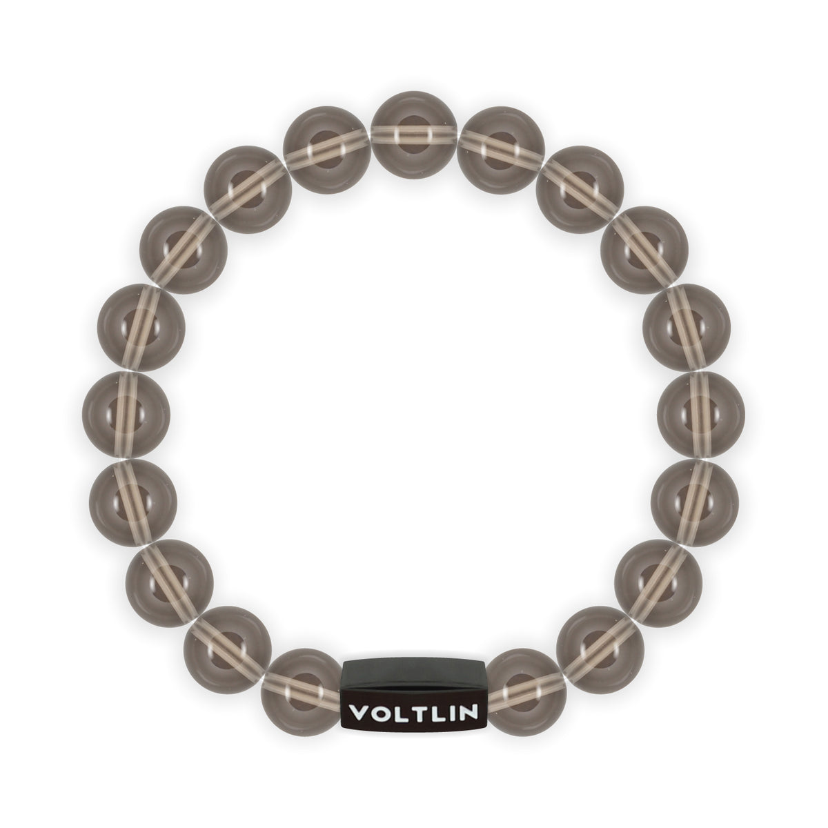Top view of a 10mm Smooth Smoky Quartz crystal beaded stretch bracelet with black stainless steel logo bead made by Voltlin