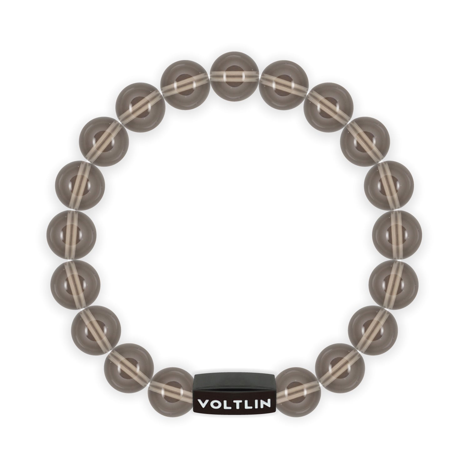 Top view of a 10mm Smooth Smoky Quartz crystal beaded stretch bracelet with black stainless steel logo bead made by Voltlin