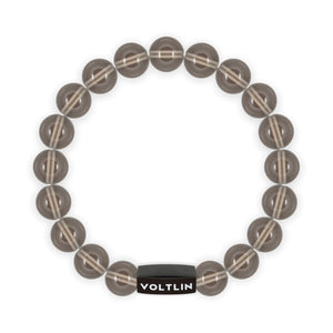 Top view of a 10mm Smooth Smoky Quartz crystal beaded stretch bracelet with black stainless steel logo bead made by Voltlin