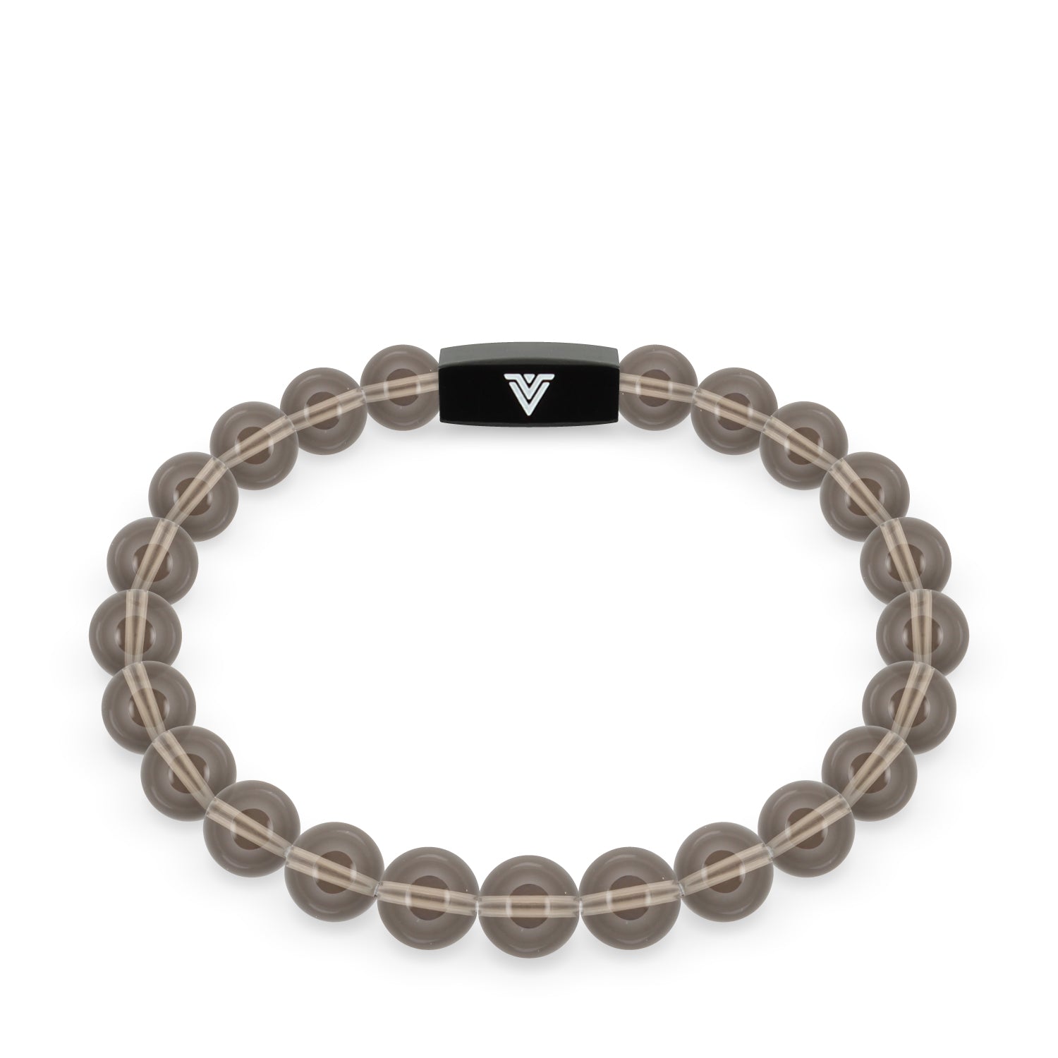 Front view of an 8mm Smooth Smoky Quartz crystal beaded stretch bracelet with black stainless steel logo bead made by Voltlin
