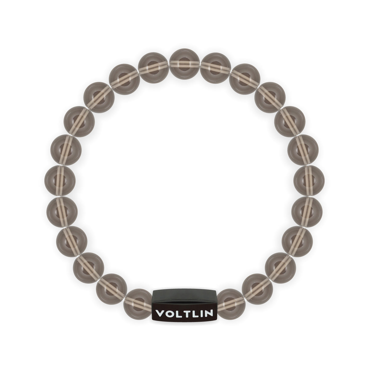 Top view of an 8mm Smooth Smoky Quartz crystal beaded stretch bracelet with black stainless steel logo bead made by Voltlin