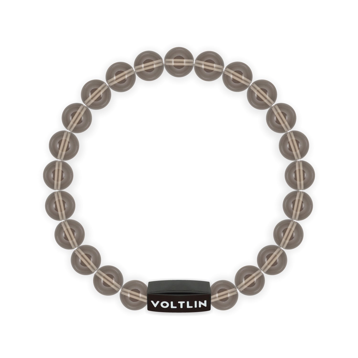 Front view of an 8mm Smooth Smoky Quartz crystal beaded stretch bracelet with black stainless steel logo bead made by Voltlin
