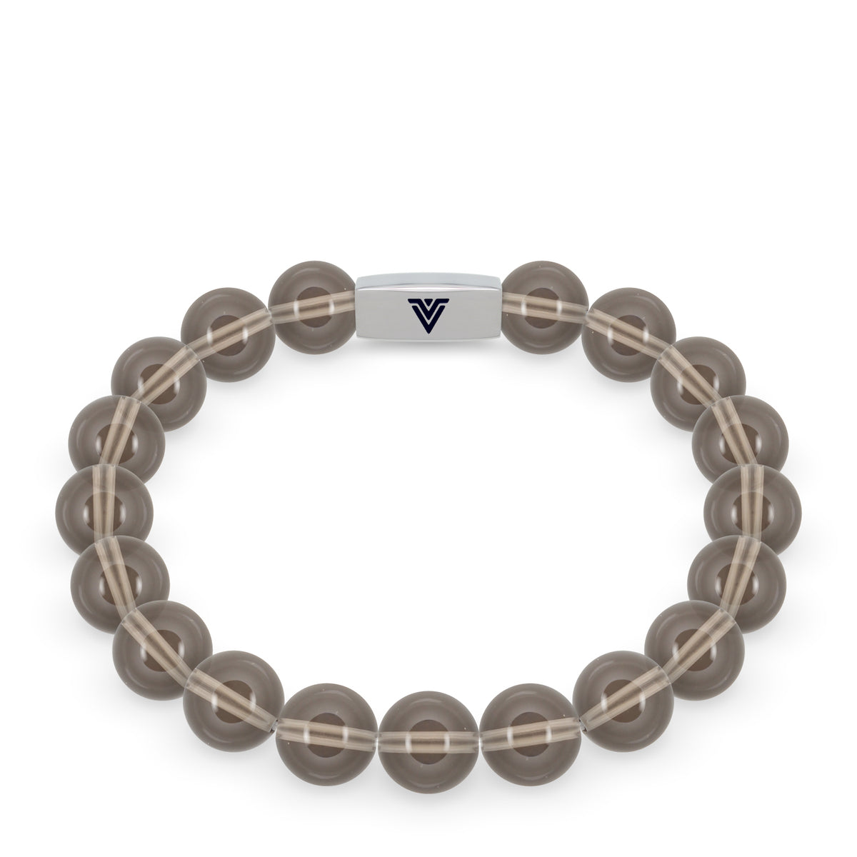 Front view of a 10mm Smoky Quartz beaded stretch bracelet with silver stainless steel logo bead made by Voltlin