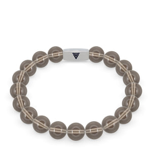 Front view of a 10mm Smoky Quartz beaded stretch bracelet with silver stainless steel logo bead made by Voltlin