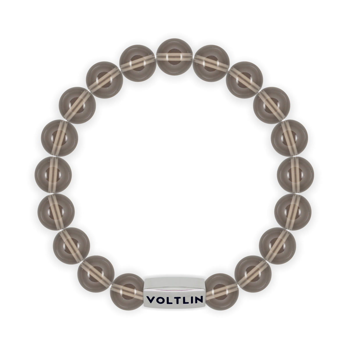 Top view of a 10mm Smoky Quartz beaded stretch bracelet with silver stainless steel logo bead made by Voltlin