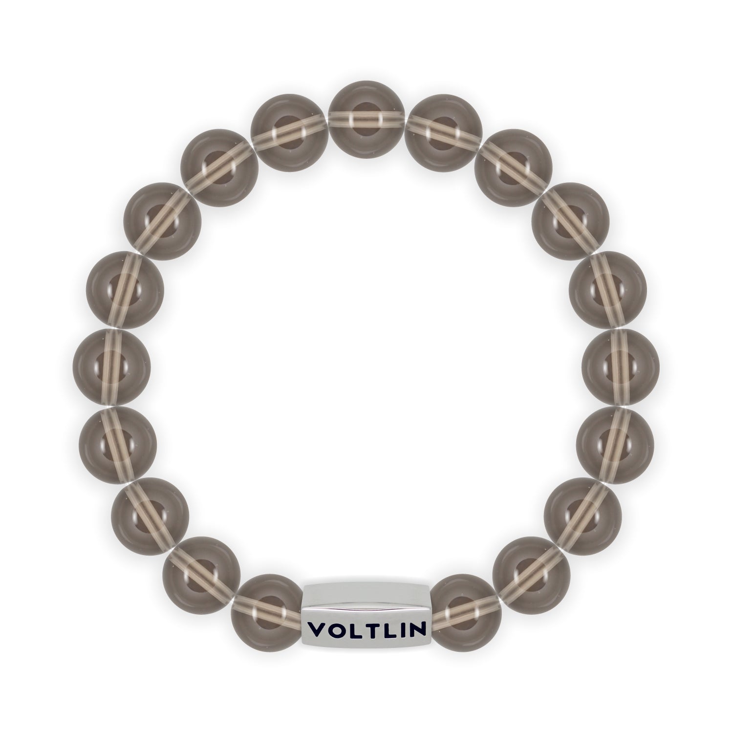 Top view of a 10mm Smoky Quartz beaded stretch bracelet with silver stainless steel logo bead made by Voltlin