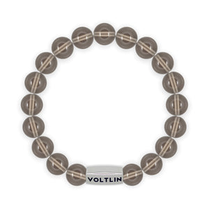 Top view of a 10mm Smoky Quartz beaded stretch bracelet with silver stainless steel logo bead made by Voltlin