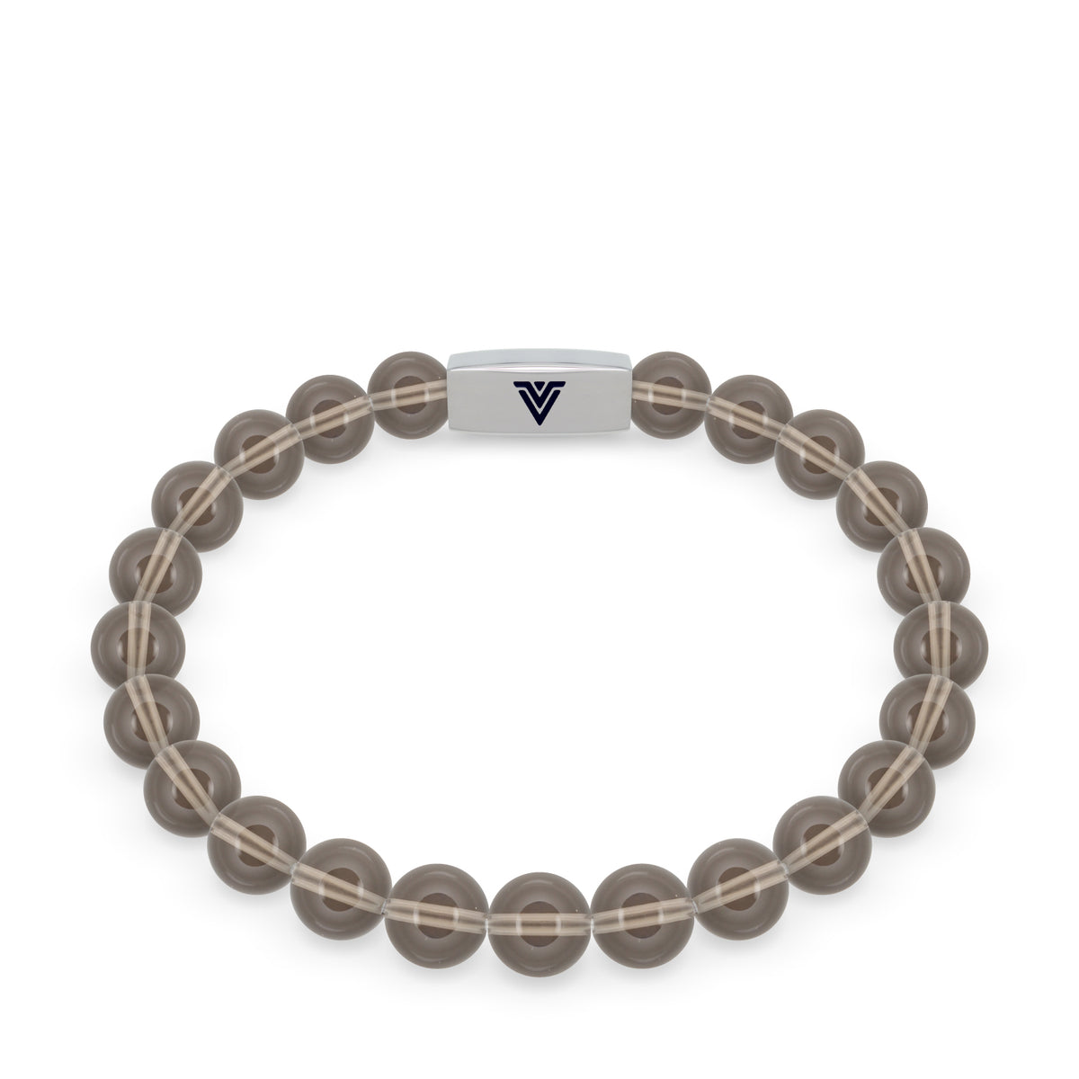 Front view of an 8mm Smoky Quartz beaded stretch bracelet with silver stainless steel logo bead made by Voltlin