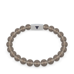Front view of an 8mm Smoky Quartz beaded stretch bracelet with silver stainless steel logo bead made by Voltlin