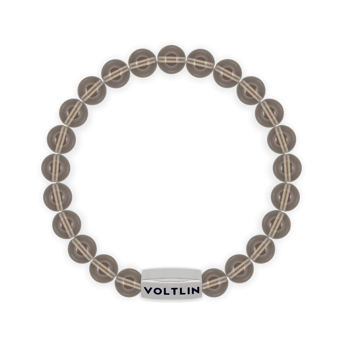 Top view of an 8mm Smoky Quartz beaded stretch bracelet with silver stainless steel logo bead made by Voltlin
