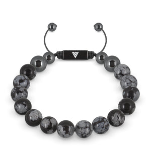 Front view of a 10mm Snowflake Obsidian crystal beaded shamballa bracelet with black stainless steel logo bead made by Voltlin