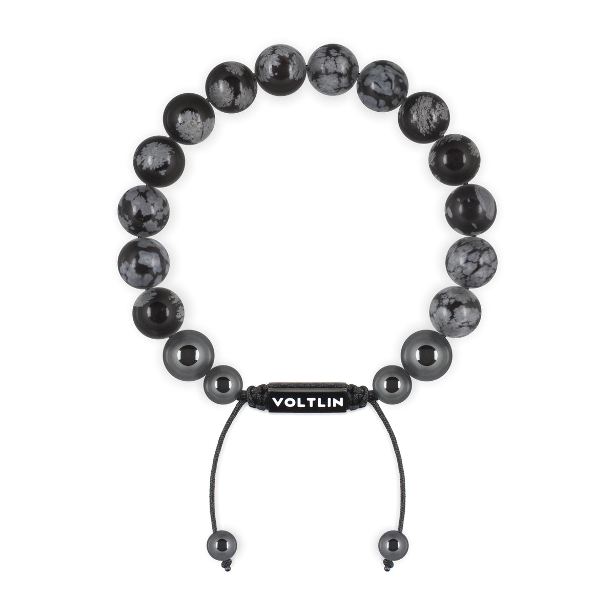 Top view of a 10mm Snowflake Obsidian crystal beaded shamballa bracelet with black stainless steel logo bead made by Voltlin