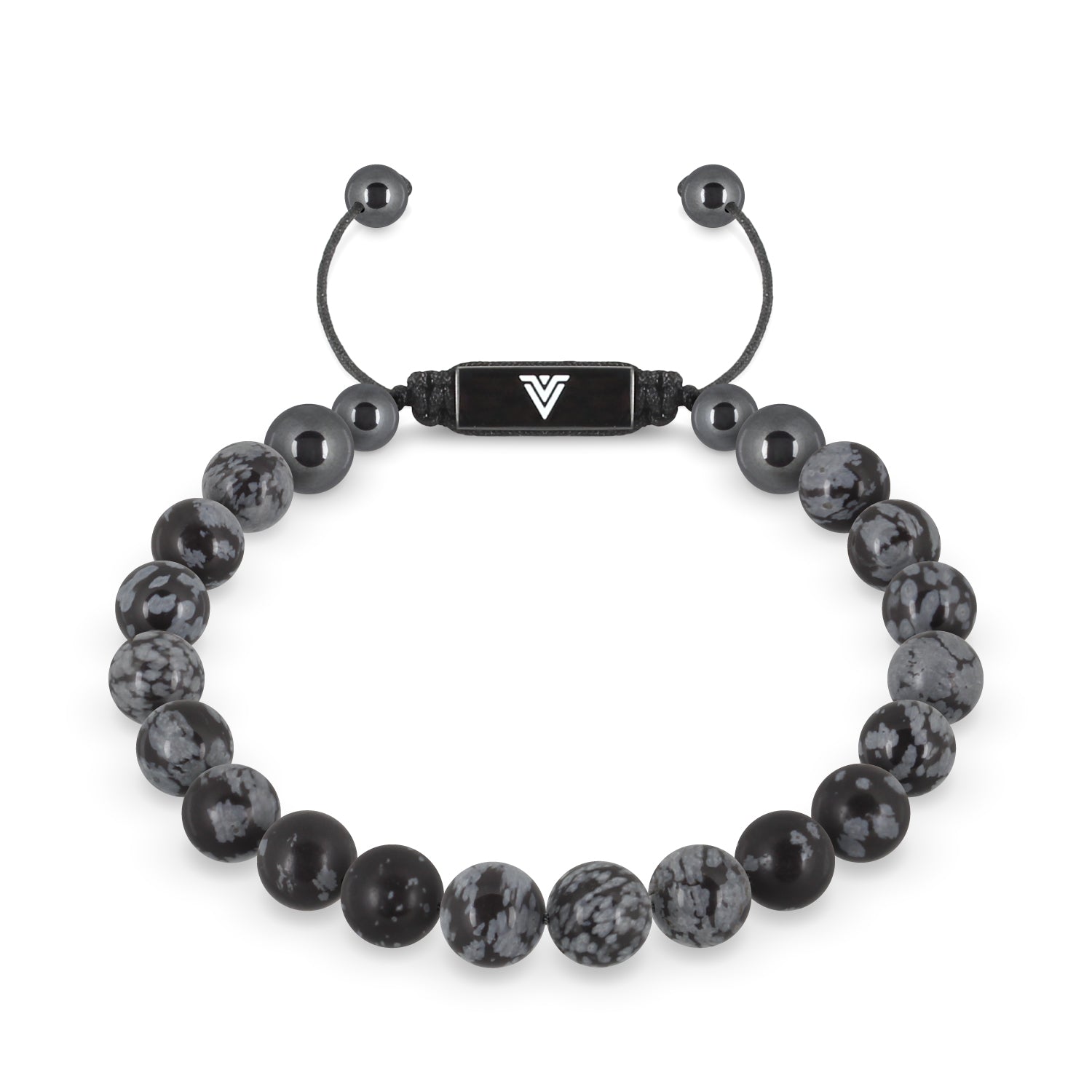 Front view of an 8mm Snowflake Obsidian crystal beaded shamballa bracelet with black stainless steel logo bead made by Voltlin