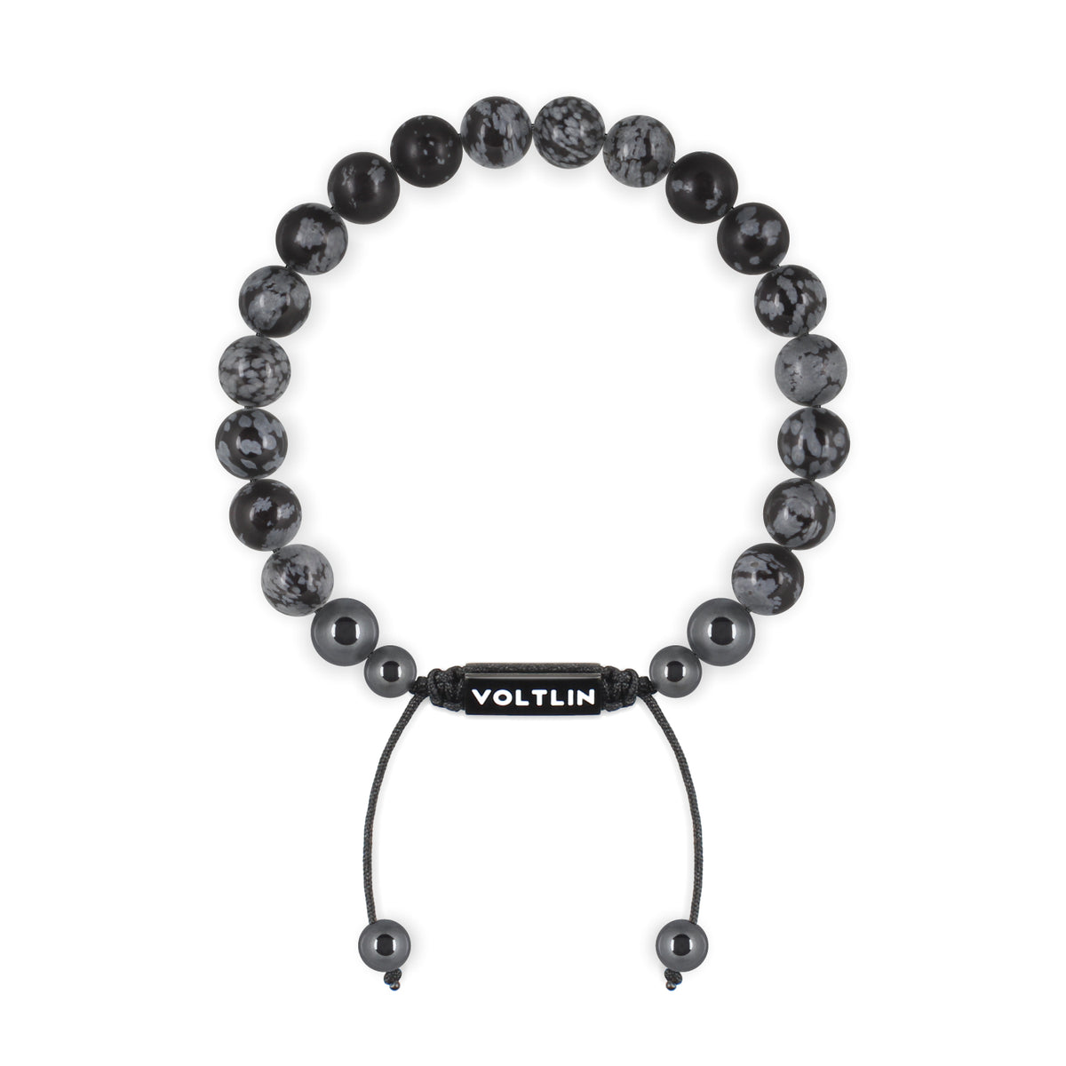 Top view of an 8mm Snowflake Obsidian crystal beaded shamballa bracelet with black stainless steel logo bead made by Voltlin